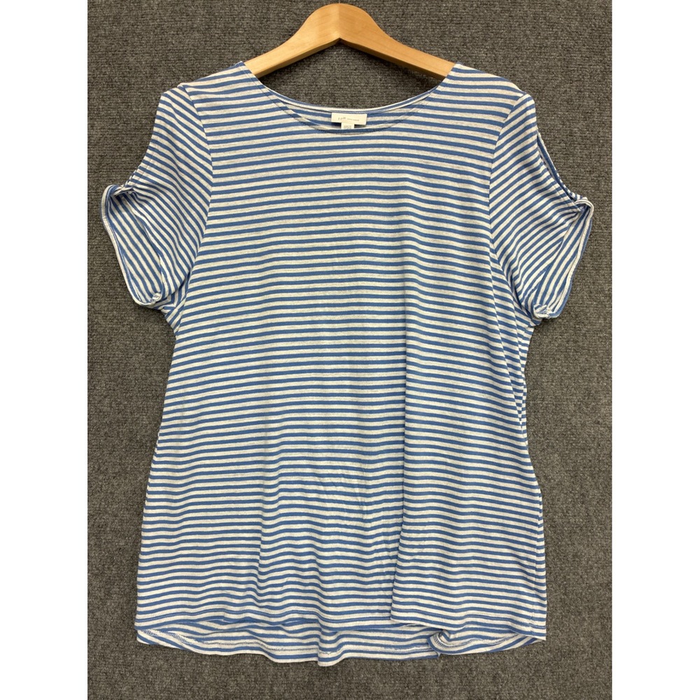 J. Jill Love Linen Blue White Striped‎ Split Sleeve Top XL Womens Short Sleeve